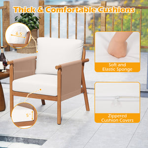 Boho-style woven rope armrests add natural aesthetic charm<br>High-strength acacia wood frame ensures lasting durability<br>Adjustable front foot pads ensure firmer placement<br>Reinforced crossbars under seat increase overall structural support<br>Thick 