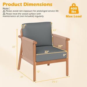 Boho-style woven rope armrests add natural aesthetic charm<br>High-strength acacia wood frame ensures lasting durability<br>Adjustable front foot pads ensure firmer placement<br>Reinforced crossbars under seat increase overall structural support<br>Thick 
