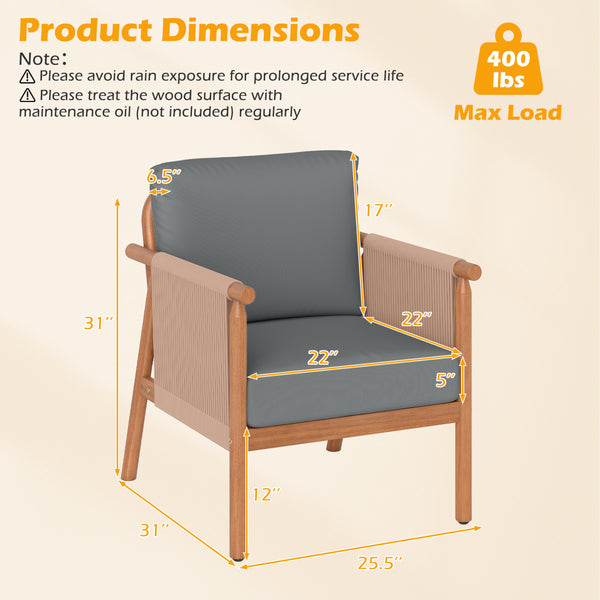 Boho-style woven rope armrests add natural aesthetic charm<br>High-strength acacia wood frame ensures lasting durability<br>Adjustable front foot pads ensure firmer placement<br>Reinforced crossbars under seat increase overall structural support<br>Thick 