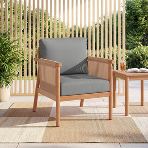 Boho-style woven rope armrests add natural aesthetic charm<br>High-strength acacia wood frame ensures lasting durability<br>Adjustable front foot pads ensure firmer placement<br>Reinforced crossbars under seat increase overall structural support<br>Thick 