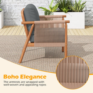 Boho-style woven rope armrests add natural aesthetic charm<br>High-strength acacia wood frame ensures lasting durability<br>Adjustable front foot pads ensure firmer placement<br>Reinforced crossbars under seat increase overall structural support<br>Thick 