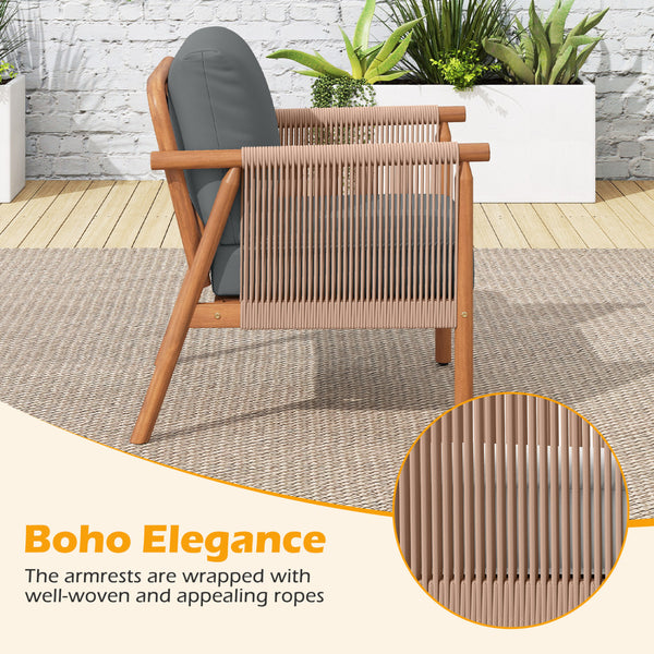 Boho-style woven rope armrests add natural aesthetic charm<br>High-strength acacia wood frame ensures lasting durability<br>Adjustable front foot pads ensure firmer placement<br>Reinforced crossbars under seat increase overall structural support<br>Thick 
