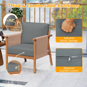 Boho-style woven rope armrests add natural aesthetic charm<br>High-strength acacia wood frame ensures lasting durability<br>Adjustable front foot pads ensure firmer placement<br>Reinforced crossbars under seat increase overall structural support<br>Thick 