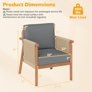 Boho-style woven rope armrests add natural aesthetic charm<br>High-strength acacia wood frame ensures lasting durability<br>Adjustable front foot pads ensure firmer placement<br>Reinforced crossbars under seat increase overall structural support<br>Thick 