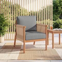 Boho-style woven rope armrests add natural aesthetic charm<br>High-strength acacia wood frame ensures lasting durability<br>Adjustable front foot pads ensure firmer placement<br>Reinforced crossbars under seat increase overall structural support<br>Thick 