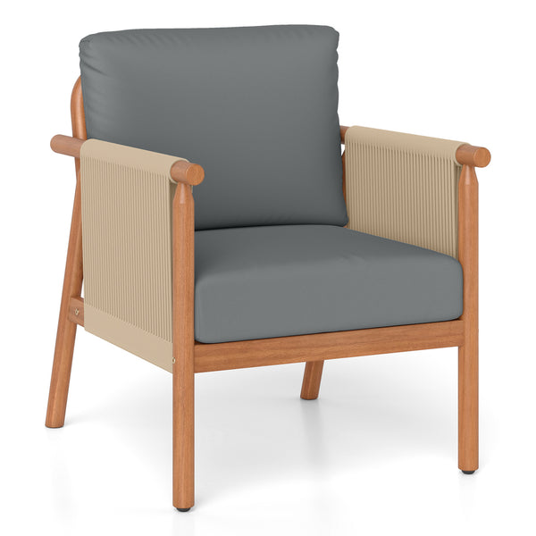 Boho-style woven rope armrests add natural aesthetic charm<br>High-strength acacia wood frame ensures lasting durability<br>Adjustable front foot pads ensure firmer placement<br>Reinforced crossbars under seat increase overall structural support<br>Thick 