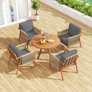 Boho-style woven rope armrests add natural aesthetic charm<br>High-strength acacia wood frame ensures lasting durability<br>Adjustable front foot pads ensure firmer placement<br>Reinforced crossbars under seat increase overall structural support<br>Thick 
