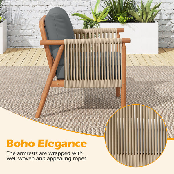 Boho-style woven rope armrests add natural aesthetic charm<br>High-strength acacia wood frame ensures lasting durability<br>Adjustable front foot pads ensure firmer placement<br>Reinforced crossbars under seat increase overall structural support<br>Thick 