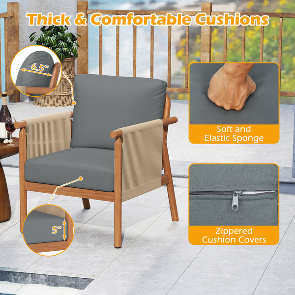 Boho-style woven rope armrests add natural aesthetic charm<br>High-strength acacia wood frame ensures lasting durability<br>Adjustable front foot pads ensure firmer placement<br>Reinforced crossbars under seat increase overall structural support<br>Thick 