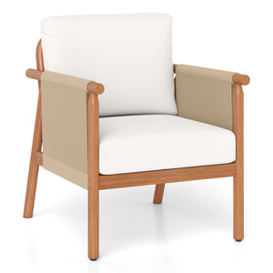 Boho-style woven rope armrests add natural aesthetic charm<br>High-strength acacia wood frame ensures lasting durability<br>Adjustable front foot pads ensure firmer placement<br>Reinforced crossbars under seat increase overall structural support<br>Thick 
