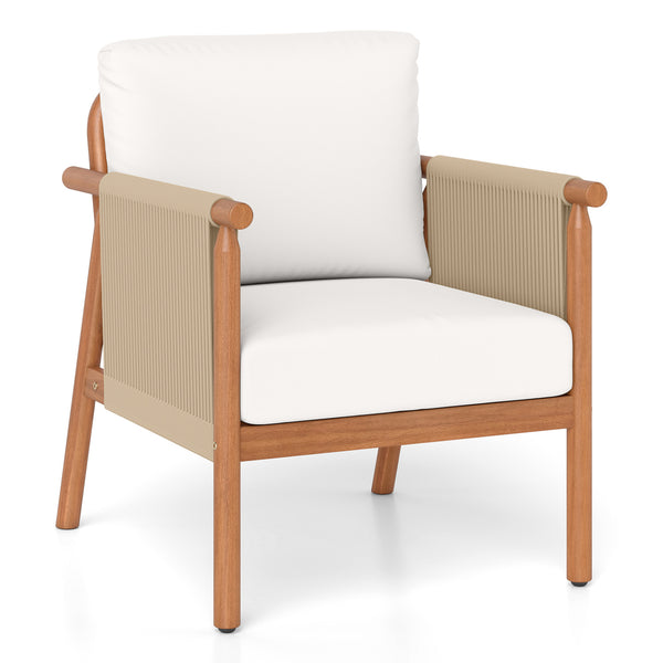 Boho-style woven rope armrests add natural aesthetic charm<br>High-strength acacia wood frame ensures lasting durability<br>Adjustable front foot pads ensure firmer placement<br>Reinforced crossbars under seat increase overall structural support<br>Thick 