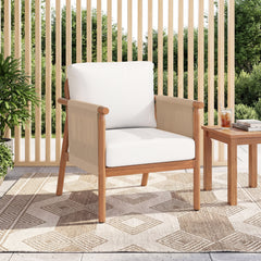 Boho-style woven rope armrests add natural aesthetic charm<br>High-strength acacia wood frame ensures lasting durability<br>Adjustable front foot pads ensure firmer placement<br>Reinforced crossbars under seat increase overall structural support<br>Thick 