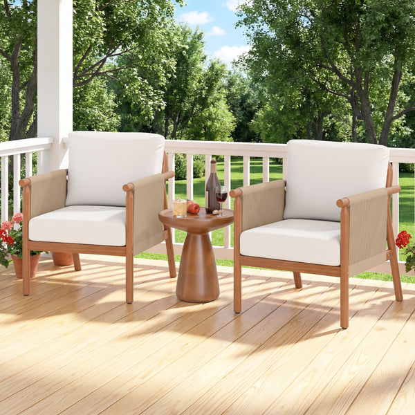 Boho-style woven rope armrests add natural aesthetic charm<br>High-strength acacia wood frame ensures lasting durability<br>Adjustable front foot pads ensure firmer placement<br>Reinforced crossbars under seat increase overall structural support<br>Thick 