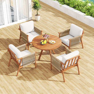 Boho-style woven rope armrests add natural aesthetic charm<br>High-strength acacia wood frame ensures lasting durability<br>Adjustable front foot pads ensure firmer placement<br>Reinforced crossbars under seat increase overall structural support<br>Thick 