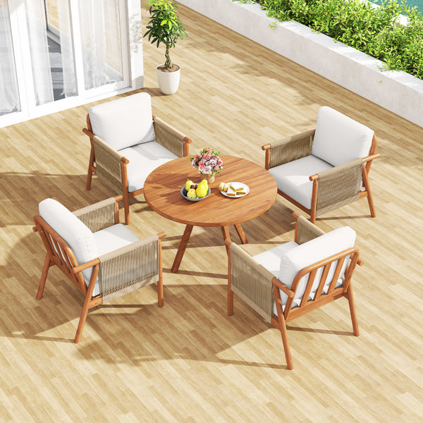Boho-style woven rope armrests add natural aesthetic charm<br>High-strength acacia wood frame ensures lasting durability<br>Adjustable front foot pads ensure firmer placement<br>Reinforced crossbars under seat increase overall structural support<br>Thick 