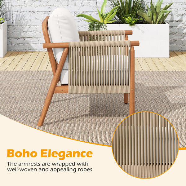 Boho-style woven rope armrests add natural aesthetic charm<br>High-strength acacia wood frame ensures lasting durability<br>Adjustable front foot pads ensure firmer placement<br>Reinforced crossbars under seat increase overall structural support<br>Thick 