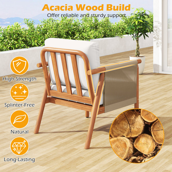 Boho-style woven rope armrests add natural aesthetic charm<br>High-strength acacia wood frame ensures lasting durability<br>Adjustable front foot pads ensure firmer placement<br>Reinforced crossbars under seat increase overall structural support<br>Thick 
