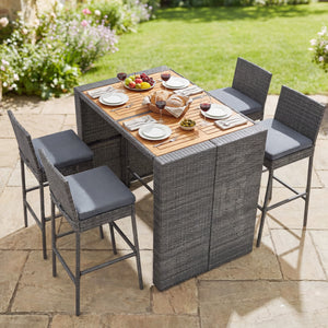 Delivery time may vary per box because of 2 boxes shipment<br>The second box includes all needed screws<br>Space-saving design by tucking bar stools under the table<br>Selected PE wicker for modern appearance and weather resistance<br>Come with solid bear