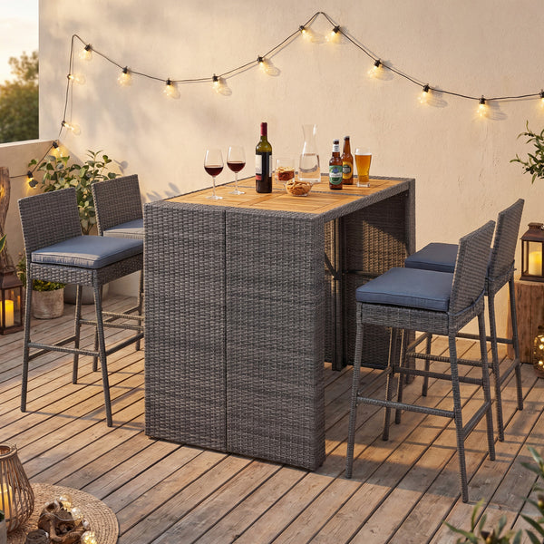 Delivery time may vary per box because of 2 boxes shipment<br>The second box includes all needed screws<br>Space-saving design by tucking bar stools under the table<br>Selected PE wicker for modern appearance and weather resistance<br>Come with solid bear