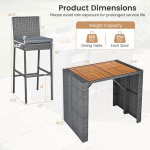 Delivery time may vary per box because of 2 boxes shipment<br>The second box includes all needed screws<br>Space-saving design by tucking bar stools under the table<br>Selected PE wicker for modern appearance and weather resistance<br>Come with solid bear
