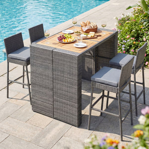 Delivery time may vary per box because of 2 boxes shipment<br>The second box includes all needed screws<br>Space-saving design by tucking bar stools under the table<br>Selected PE wicker for modern appearance and weather resistance<br>Come with solid bear