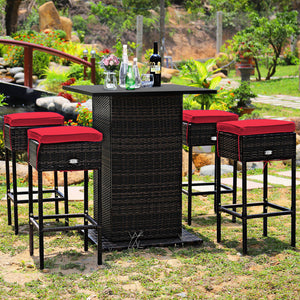 Enjoys outdoor leisure time with this 5-piece wicker bar set<br>Bar table with hidden storage space for storing different items with ease<br>Offers comfortable sitting experience with ergonomic stools with footrest<br>The waterproof cushion cover can be r