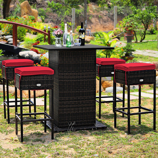 Enjoys outdoor leisure time with this 5-piece wicker bar set<br>Bar table with hidden storage space for storing different items with ease<br>Offers comfortable sitting experience with ergonomic stools with footrest<br>The waterproof cushion cover can be r
