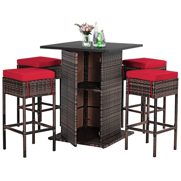 Enjoys outdoor leisure time with this 5-piece wicker bar set<br>Bar table with hidden storage space for storing different items with ease<br>Offers comfortable sitting experience with ergonomic stools with footrest<br>The waterproof cushion cover can be r