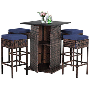 Enjoys outdoor leisure time with this 5-piece wicker bar set<br>Bar table with hidden storage space for storing different items with ease<br>Offers comfortable sitting experience with ergonomic stools with footrest<br>The waterproof cushion cover can be r
