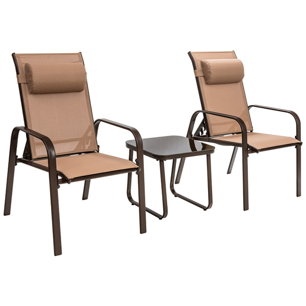 This 3-piece patio bistro set has stackable chair and tempered glass top table. Â  Designed with modern style and compact size  this outdoor conversation set not only brings out the perfect taste of life but also fits the limited places  such as patio  po