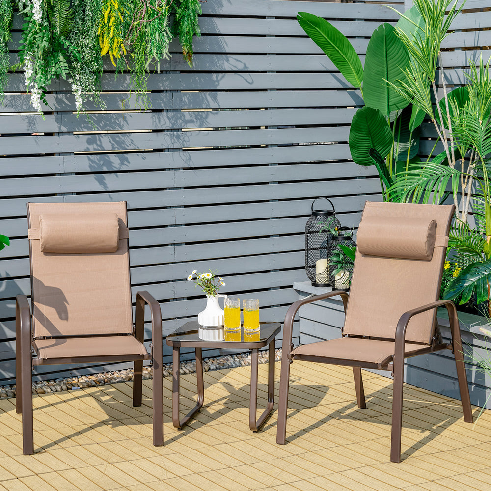 This 3-piece patio bistro set has stackable chair and tempered glass top table. Â  Designed with modern style and compact size  this outdoor conversation set not only brings out the perfect taste of life but also fits the limited places  such as patio  po