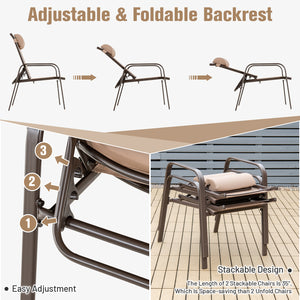 This 3-piece patio bistro set has stackable chair and tempered glass top table. Â  Designed with modern style and compact size  this outdoor conversation set not only brings out the perfect taste of life but also fits the limited places  such as patio  po