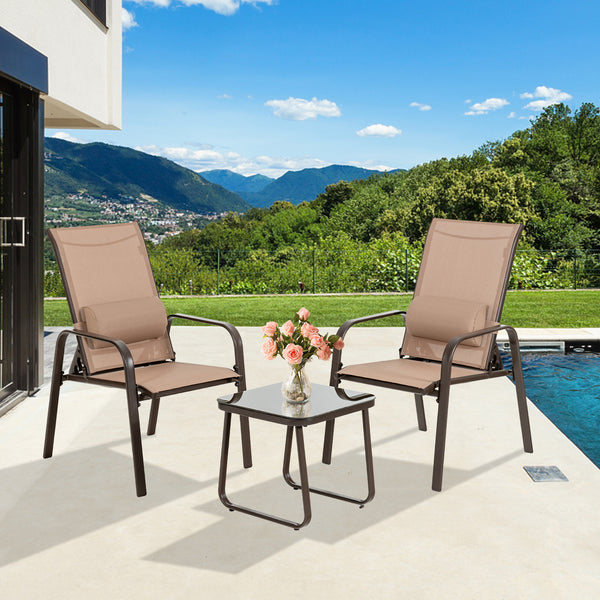 This 3-piece patio bistro set has stackable chair and tempered glass top table. Â  Designed with modern style and compact size  this outdoor conversation set not only brings out the perfect taste of life but also fits the limited places  such as patio  po