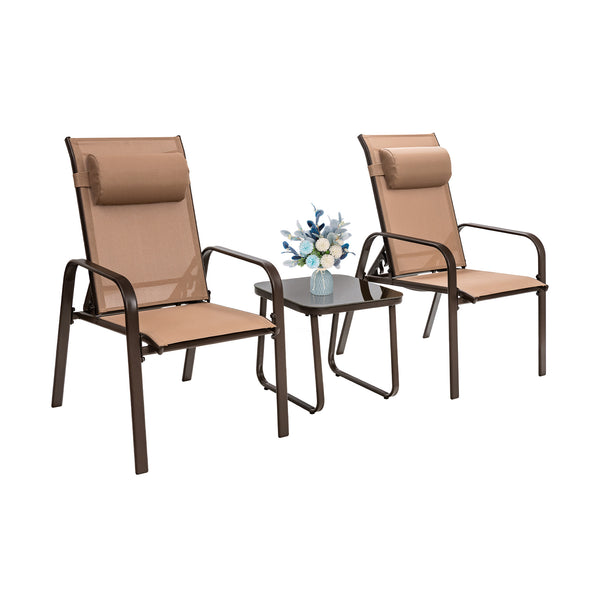 This 3-piece patio bistro set has stackable chair and tempered glass top table. Â  Designed with modern style and compact size  this outdoor conversation set not only brings out the perfect taste of life but also fits the limited places  such as patio  po