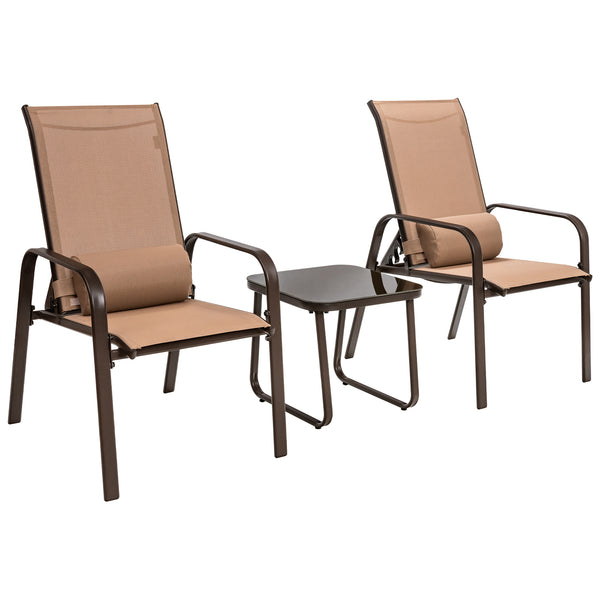 This 3-piece patio bistro set has stackable chair and tempered glass top table. Â  Designed with modern style and compact size  this outdoor conversation set not only brings out the perfect taste of life but also fits the limited places  such as patio  po