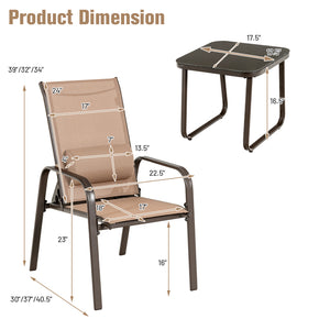 This 3-piece patio bistro set has stackable chair and tempered glass top table. Â  Designed with modern style and compact size  this outdoor conversation set not only brings out the perfect taste of life but also fits the limited places  such as patio  po