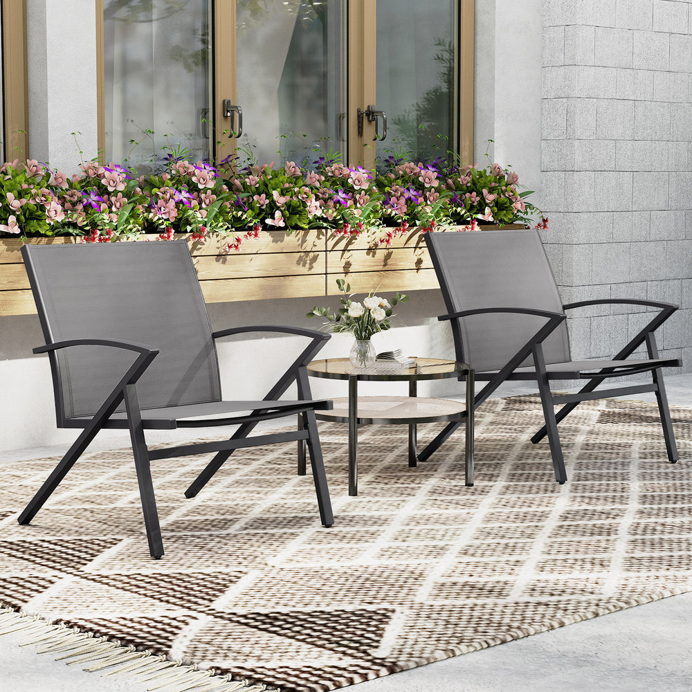 Breathable and quick-drying fabric for outdoor use<br>Spacious seats provide you with a cozy seating experience<br>Contoured backrests and curved armrests for enhanced comfort<br>Heavy-duty metal frame in triangular structures to ensure steadiness<br>Reli