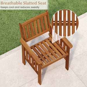 Solid wood frame to ensure the overall endurance<br>Please regularly oil (not included) the wood surface for optimal maintenance<br>Ergonomic comfort with armrests and inclined backrest<br>Promote ventilation with slatted seat<br>Added stability with firm