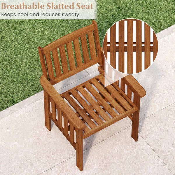 Solid wood frame to ensure the overall endurance<br>Please regularly oil (not included) the wood surface for optimal maintenance<br>Ergonomic comfort with armrests and inclined backrest<br>Promote ventilation with slatted seat<br>Added stability with firm