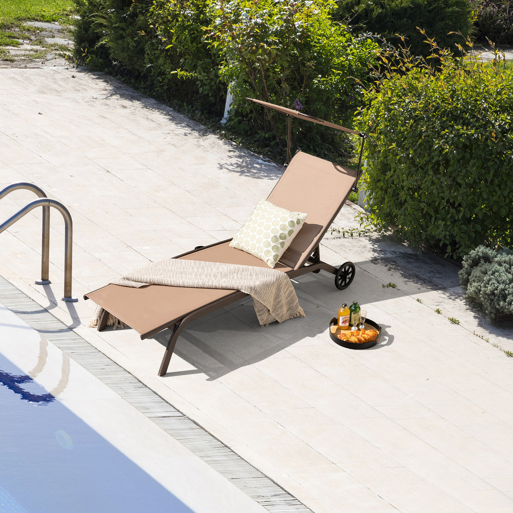 6-level adjustable backrest meets your different needs<br>Rotatable canopy makes you relax in the sunshade<br>Rotary hidden cupholder makes it easy to take drinks<br>High stability with heavy-duty and rustproof metal frame<br>Anti-slip footpads improve st