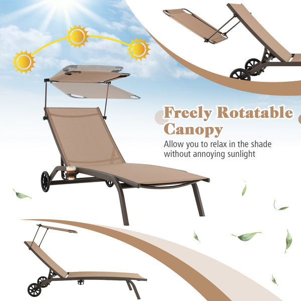 6-level adjustable backrest meets your different needs<br>Rotatable canopy makes you relax in the sunshade<br>Rotary hidden cupholder makes it easy to take drinks<br>High stability with heavy-duty and rustproof metal frame<br>Anti-slip footpads improve st