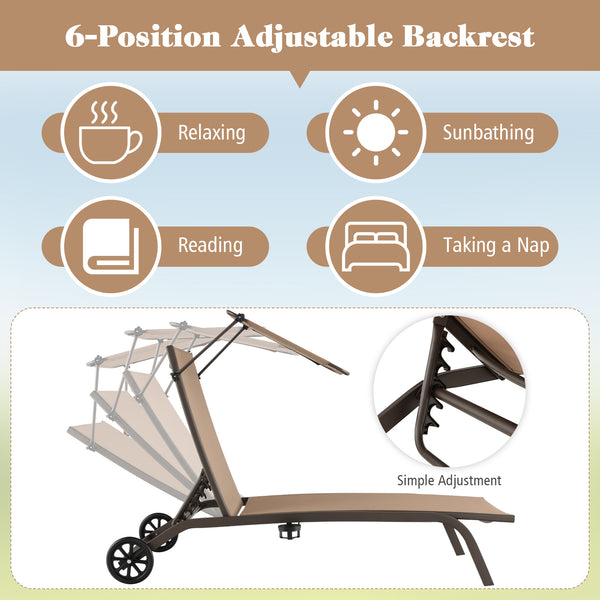 6-level adjustable backrest meets your different needs<br>Rotatable canopy makes you relax in the sunshade<br>Rotary hidden cupholder makes it easy to take drinks<br>High stability with heavy-duty and rustproof metal frame<br>Anti-slip footpads improve st