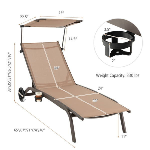 6-level adjustable backrest meets your different needs<br>Rotatable canopy makes you relax in the sunshade<br>Rotary hidden cupholder makes it easy to take drinks<br>High stability with heavy-duty and rustproof metal frame<br>Anti-slip footpads improve st