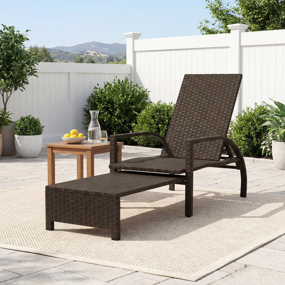 Refined mix brown PE rattan ensures lasting durability and timeless appeal <br>6-position adjustable backrestÂ for ideal relaxation angles Â  <br>Handy retractable ottomanÂ slides neatly under chair Â  <br>Side stop barsÂ prevent ottoman from sliding out 