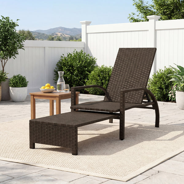 Refined mix brown PE rattan ensures lasting durability and timeless appeal <br>6-position adjustable backrestÂ for ideal relaxation angles Â  <br>Handy retractable ottomanÂ slides neatly under chair Â  <br>Side stop barsÂ prevent ottoman from sliding out 