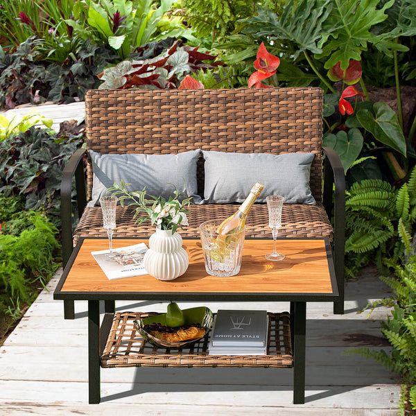 Make rain seep directly from top to bottom thanks to 4D air fiber cushion<br>The DPC tabletop is high temperature resistant for outdoor use <br>Hand-woven mix brown PE rattan for fade resistance and sun protection<br>Sturdy metal frame with anti-slip foot