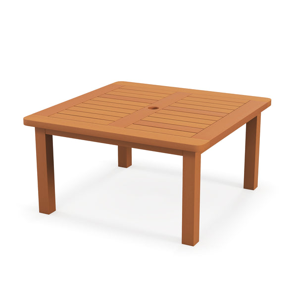 Solid wood coffee table with teak oil finish infuses a touch of nature<br>Lasting beauty with hard-wearing  fade-resistant materials<br>Built-in 2" umbrella hole for adding a cool shade<br>Supportive beams below tabletop for a strong structure<br>Connecte