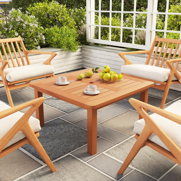 Solid wood coffee table with teak oil finish infuses a touch of nature<br>Lasting beauty with hard-wearing  fade-resistant materials<br>Built-in 2" umbrella hole for adding a cool shade<br>Supportive beams below tabletop for a strong structure<br>Connecte
