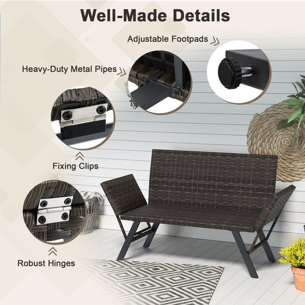 Can be used as a loveseat  a chaise lounge chair or a day bed<br>Spacious sitting area seats up to 2<br>Easy to adjust and fix the armrests with fixing clips and metal hinges<br>Covered with sunproof and attractive PE rattan<br>Padded with breathable and 
