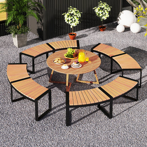 Acacia wood seat for durability and elegance<br>Oil painted surface prolongs the service life<br>Metal legs with adjustable footpads for strong support<br>Reinforced screw connection for higher stability<br>Curved design makes the bench more appealing ver